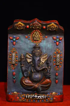 Коллекция Тибетского храма 9 дюймов, Старинная бронзовая мозаика, Бирюзовый драгоценный камень, бусина Дня, Бог Ганеши, хобот слона, Бог богатства, Буддийская ниша