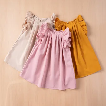 Корейская повседневная модная одежда, летнее однотонное платье для маленьких девочек, милое платье без рукавов с летящими рукавами