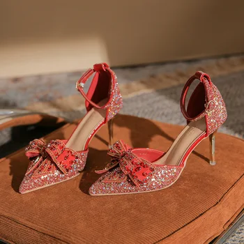 Красные женские босоножки, свадебные туфли-лодочки, летняя обувь с пряжкой на щиколотке, Пикантные туфли на высоком каблуке с бантом, украшенные шпильками, Zapatillas