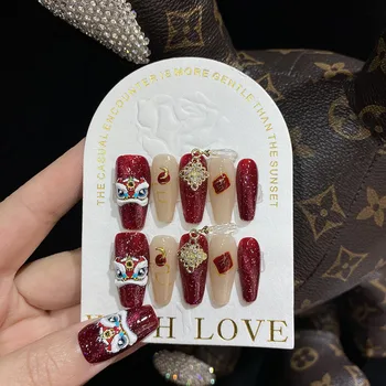 Красный кошачий глаз Лев Нажимает на ногти Профессиональные Носимые Продвинутые праздничные накладные ногти, выполненные в китайском стиле для ногтей с клеем
