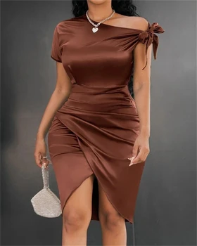 Летнее женское платье с талией 2023, сексуальное вечернее платье с косым вырезом, нерегулярное плиссированное платье, Модное Женское облегающее платье, Женская одежда