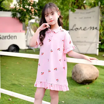 Летнее платье для девочек от 3 до 12 лет, детская одежда, платье с короткими рукавами, Корейская версия платья для девочек с оборками для школы