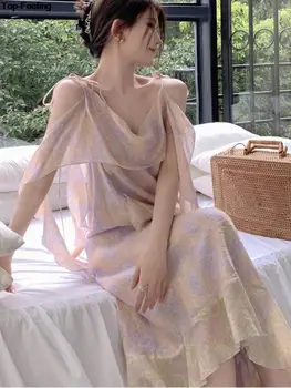 Летнее повседневное Свободное Пляжное платье с цветочными оборками, женская Винтажная цельная одежда с элегантным ремешком, Корейский шикарный халат