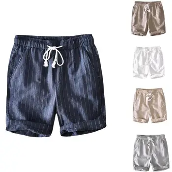 Летние Новые хлопчатобумажные льняные мужские шорты в пляжную полоску со свободным шнурком, повседневные дышащие мужские брюки для бега трусцой в стиле хип-хоп, M-4XL