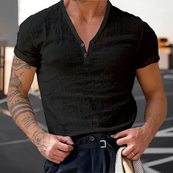 Летняя мужская футболка с V-образным вырезом, пуговицы, вырез горловины, топы, короткий рукав, однотонный облегающий пуловер для фитнеса, топы, рабочая одежда
