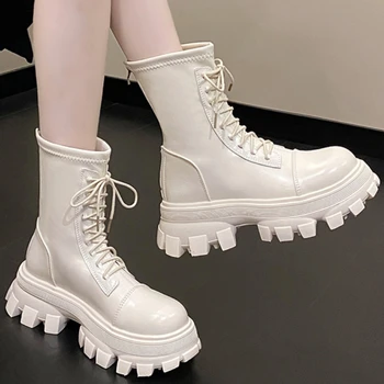 Модная женская обувь 2023 года; зимние женские ботинки до середины икры; однотонная водонепроницаемая женская обувь на высоком каблуке со шнуровкой с круглым носком;