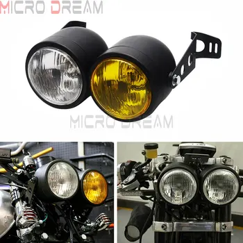 Мотоцикл с прозрачными желтыми линзами, две лампы H4 12 В 35 Вт, двойные фары, ретро-осветительная лампа с монтажным кронштейном, универсальная для Cafe Racer