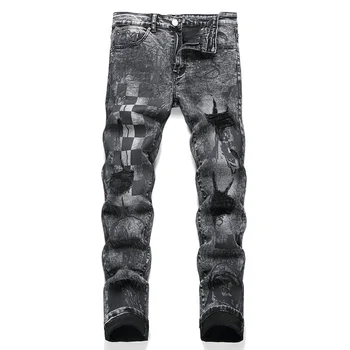 Мужские джинсы в клетку с рисунком черепа, уличная одежда, рваные стрейчевые брюки с дырками, Черные узкие прямые брюки