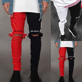 Мужские джинсы с дырками до колена, рваные стрейчевые обтягивающие брюки, однотонный черный, красный, осень-лето 2023, брюки в стиле хип-хоп, облегающие брюки,