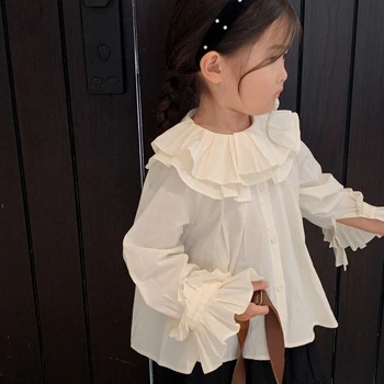 Новая весенне-осенняя блузка для девочек с длинными рукавами и оборками, милые детские рубашки в стиле принцессы с большим отложным кукольным воротником