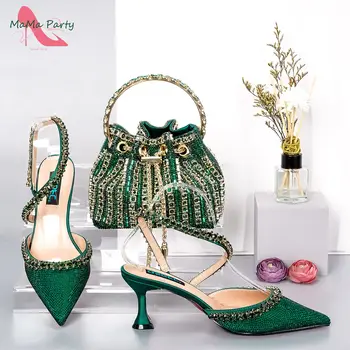 Новейшая высококачественная женская обувь и сумка в нигерийском стиле зеленого цвета, специальный дизайн, украшенный стразами для свадьбы