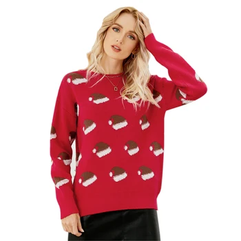 Новый Зимний красный пуловер с принтом, Рождественский свитер для женщин, повседневный укороченный топ с круглым вырезом, теплый джемпер с длинным рукавом, женский трикотаж