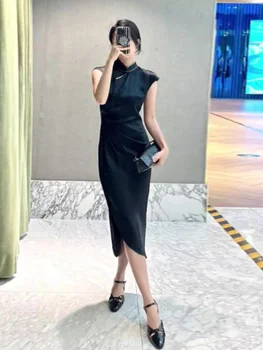 Новый китайский стиль, улучшенный чонсам, молодежный стиль высокого класса, тонкое и роскошное черное платье, стиль богини