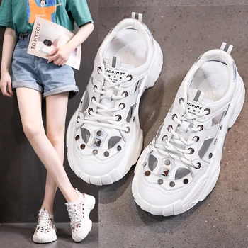 Обувь для женщин 2023 Модная сетка Женская Вулканизированная, Новый стиль, женские кроссовки, выдалбливают женские теннисные туфли, кроссовки на платформе