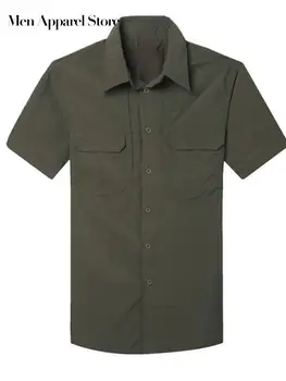 Однотонные мужские рубашки Карго с коротким рукавом Отложной воротник Однобортный карман Мужская одежда Лето 2023 Модные Топы Мужские