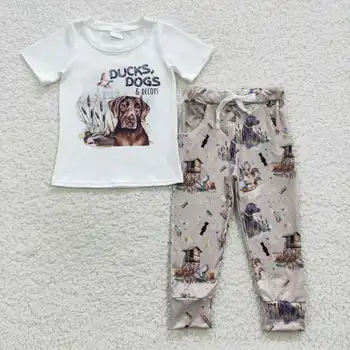 Оптовая продажа Готовой к отправке детской одежды с принтом собак, бутик одежды для малышей, комплекты из 2 предметов, наряды для мальчиков-уток