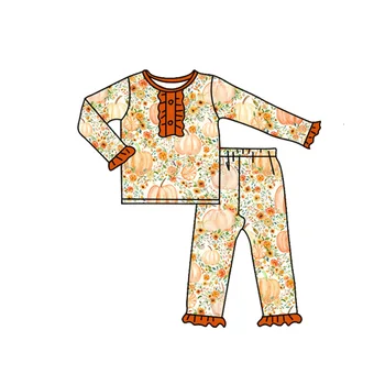 Оптовая продажа детских осенних нарядов с тыквенными цветами, акварельных пижам с цветочным рисунком для девочек, оранжевых пижамных комплектов для девочек на Хэллоуин