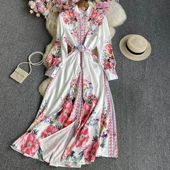 Осеннее Длинное роскошное женское платье с цветочным рукавом-фонариком, поясом, Vestidos, воротником-стойкой, с принтом для подиума, новинка 2023 года, Шикарное