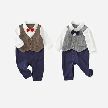 Осенний комбинезон-двойка для маленьких мальчиков 2023 года, хлопковый комбинезон джентльмена с длинным рукавом для новорожденных мальчиков, красивые наряды для маленьких мальчиков