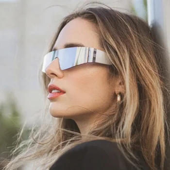 Ослепительные солнцезащитные очки без оправы Футуристические 2023 новые женские панк-спортивные солнцезащитные очки цельный тренд модных солнцезащитных очков