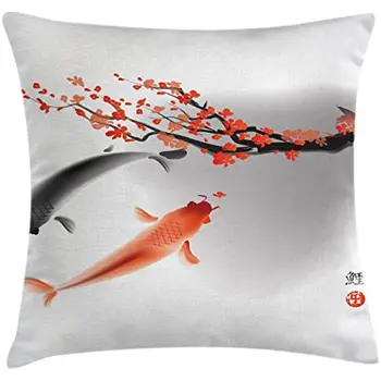 Пара плавающих карпов кои, цветущая вишня, ветка сакуры, дизайн декоративной квадратной наволочки с акцентом