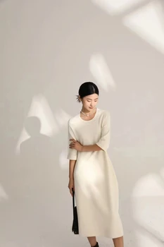 Повседневное Теплое Мягкое комфортное женское Элегантное трикотажное шерстяное цельнокроеное платье О-образной формы