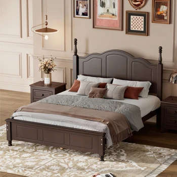 Полноразмерная кровать, Молодежная кровать, Деревянная кровать, Современная кровать-платформа в стиле ретро в натуральную величину с деревянной планкой, удобная для спальни