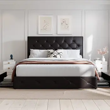 Полноразмерный каркас кровати с 4 ящиками для хранения и регулируемым изголовьем, черный, коричневый