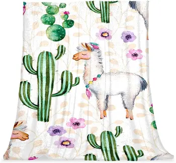 Постельное белье Флисовое одеяло, декоративное для пола дивана в спальне, мультяшный цветок из кактуса Альпаки