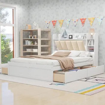 Простая современная деревянная белая кровать-платформа размера 
