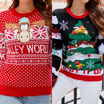 Пуловеры крючком с рисунком Cartooon, топ, свитер оверсайз с длинным рукавом, свободный крой, Рождественский стиль, повседневный круглый вырез, повседневная одежда