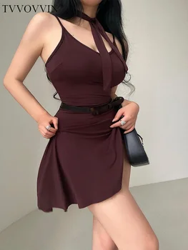 Ремешок на шее TVVOVVIN Сексуальный обтягивающий тонкий ремешок мини-платье на бретелях нерегулярной длины горячие сексуальные корейские женские топы и платья 2023 88AO