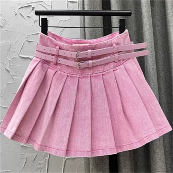 Розовая юбка для девочек с высокой талией, новая женская плиссированная милая юбка с двойным поясом