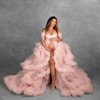 Розовые платья для беременных для фотосессии с открытыми плечами, Тюлевые оборки, халаты для беременных, Женские платья с разрезом спереди, свадебные платья с разрезом спереди