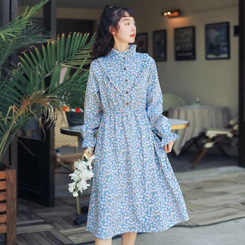 Шикарное осеннее платье-блузка с цветочным вельветовым принтом и съедобными древесными грибами в японском стиле для девочек, модное женское повседневное весеннее платье с рюшами