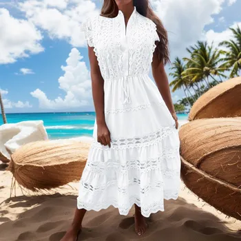 Элегантное женское платье с вышивкой и воротником-стойкой, С коротким рукавом, в стиле пэчворк, Открытое Белое платье, Тонкое пляжное платье, Женский сарафан