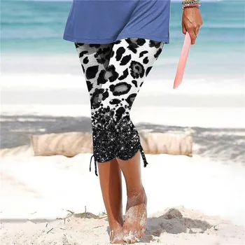 Элегантные женские брюки до икр, леггинсы, летние пляжные повседневные облегающие леггинсы с леопардовым градиентным принтом и завязками, тонкие брюки-карандаш