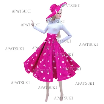 Ярко-розовый костюм, комплект одежды для куклы Барби, белые топы, юбки в горошек, шляпа, повседневная одежда, детские игрушки своими руками
