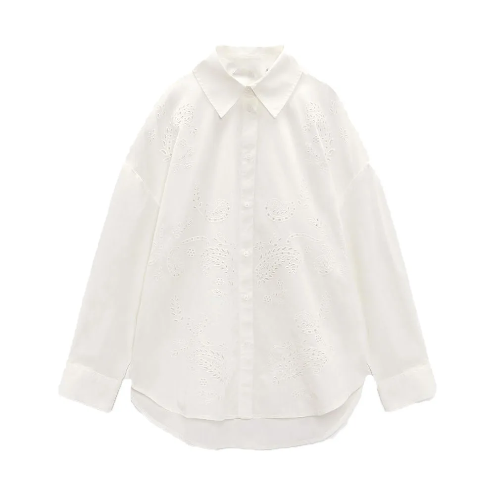 Zach AiIsa/ новая женская высококачественная модная темпераментная рубашка с отворотом и полой вышивкой, универсальная свободная повседневная верхняя рубашка с длинными рукавами