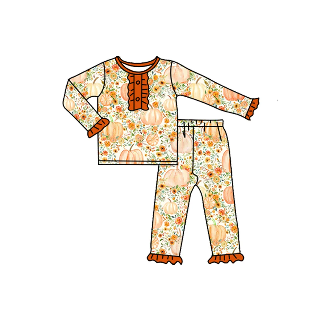 Оптовая продажа детских осенних нарядов с тыквенными цветами, акварельных пижам с цветочным рисунком для девочек, оранжевых пижамных комплектов для девочек на Хэллоуин